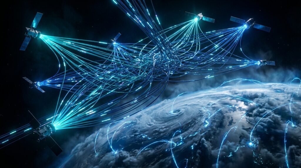 多颗高科技卫星在太空中通过明亮的青蓝色激光束相互连接，形成复杂的网状通信结构，悬浮在有着巨大白色风暴气旋的地球上方。