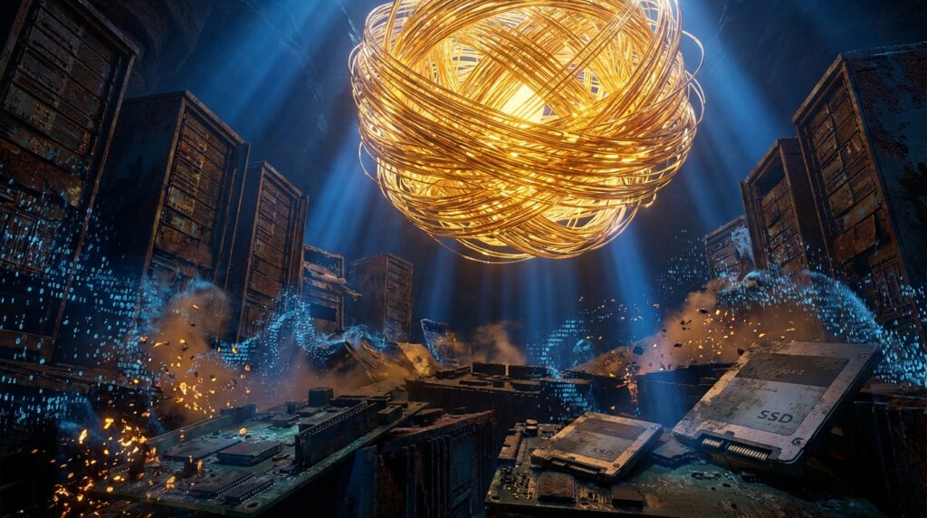 巨大的金色发光线团悬浮在幽暗的机房中，周围是生锈的服务器机柜，前景散落着电路板和一块写有SSD字样的固态硬盘。