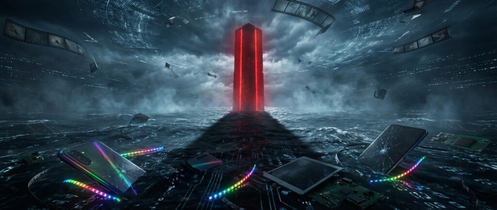 黑暗海面上漂浮着破碎的智能手机和电路板，远处的红色发光巨塔矗立在风暴中，天空中飘浮着电影胶卷。