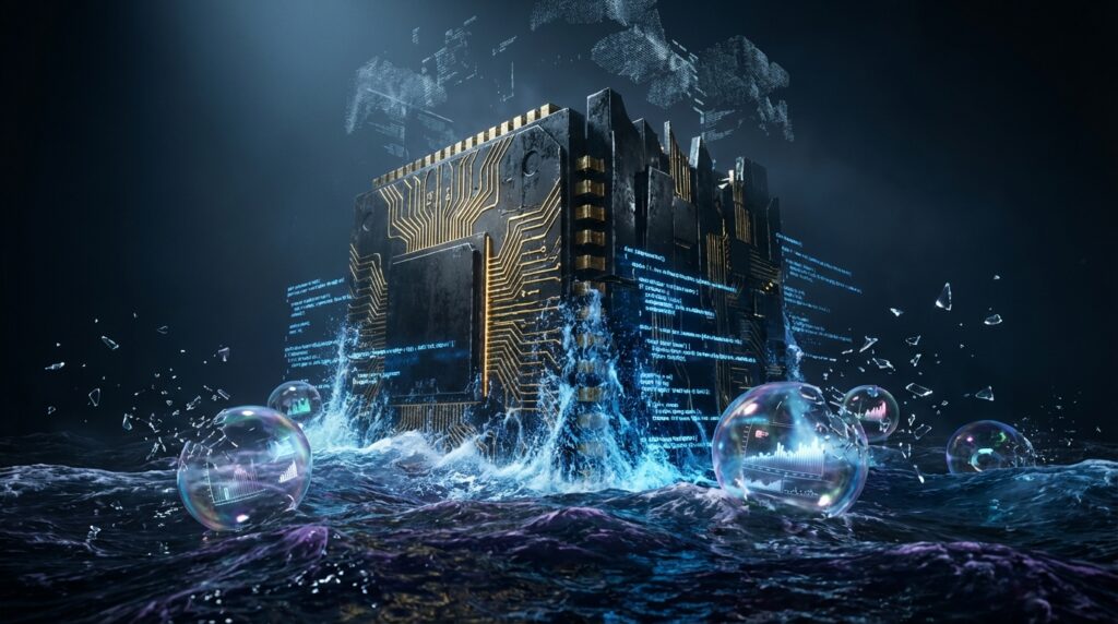 一个巨大的黑色立方体芯片带有金色电路，正从黑暗汹涌的波涛中升起，周围漂浮着包含数据图表的透明气泡和蓝色全息代码碎片。