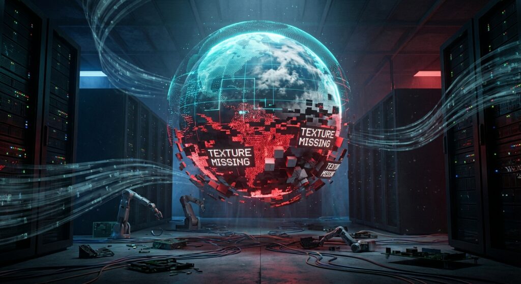 悬浮在黑暗服务器机房中的数字地球，上半部分为蓝色全息影像，下半部分呈现红色像素化故障并显示“TEXTURE MISSING”字样，地面散落着废弃机械臂。
