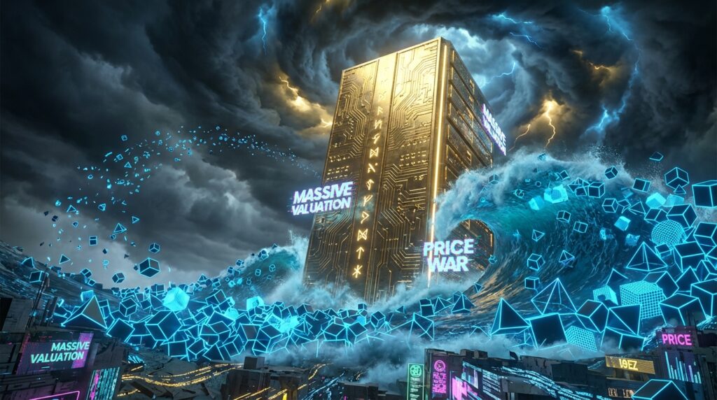 金色电路纹理高塔矗立于风暴海浪中，悬浮文字显示 MASSIVE VALUATION，汹涌的蓝色波涛中显示 PRICE WAR 字样。