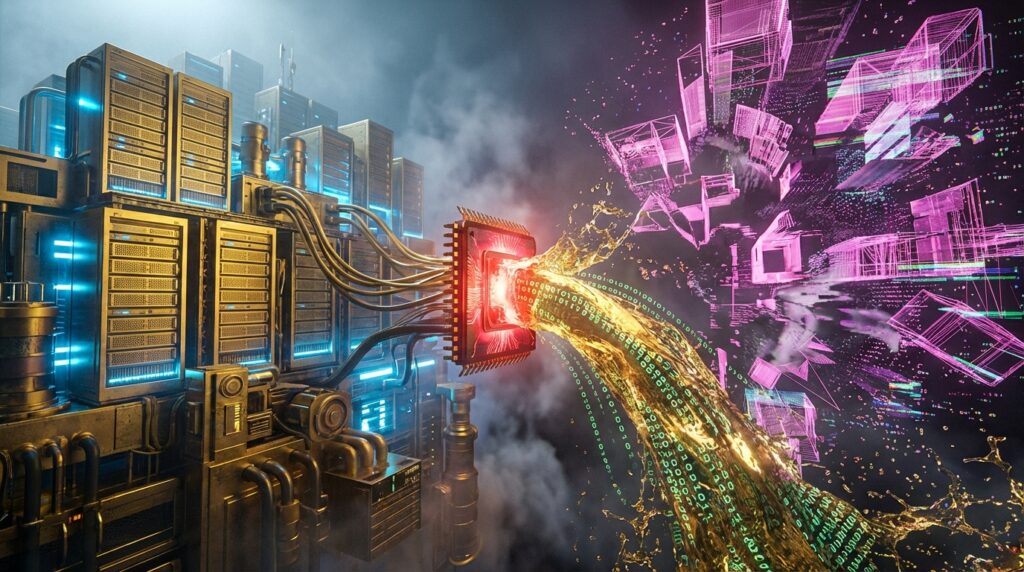 工业风服务器机架通过芯片连接出一股金色的二进制代码液流，并在右侧爆发成混乱的紫色线框立方体。
