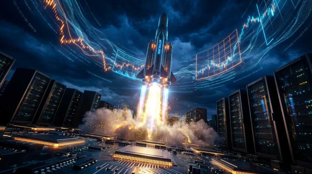 一枚未来派火箭从微芯片电路板上发射升空，周围环绕着服务器机架和空中的全息金融数据图表，象征科技与商业航天的结合。