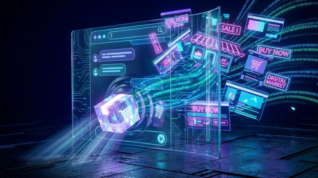 Neon 3D illustration of a shopping cart box and chat bubbles on a digital interface with 'SALE' and 'BUY NOW' signs.