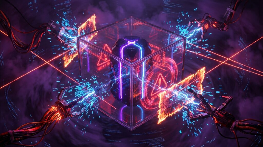 机械手臂试图接入被红色警告全息图封锁的发光立方体，象征 Anthropic 限制第三方 API 调用。