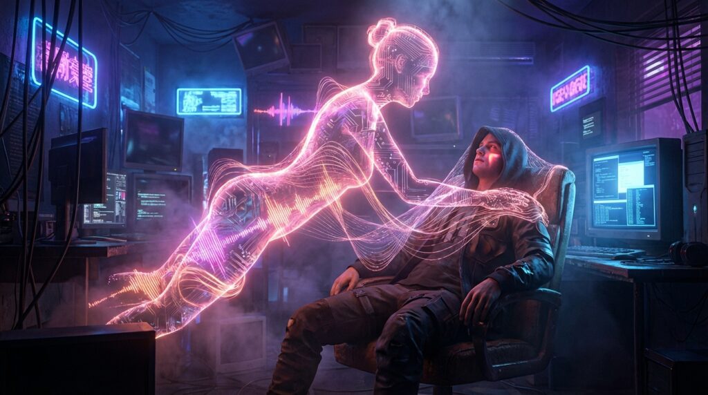 A man in a hoodie stares at a glowing pink holographic female figure floating above him in a neon-lit cyberpunk computer room.