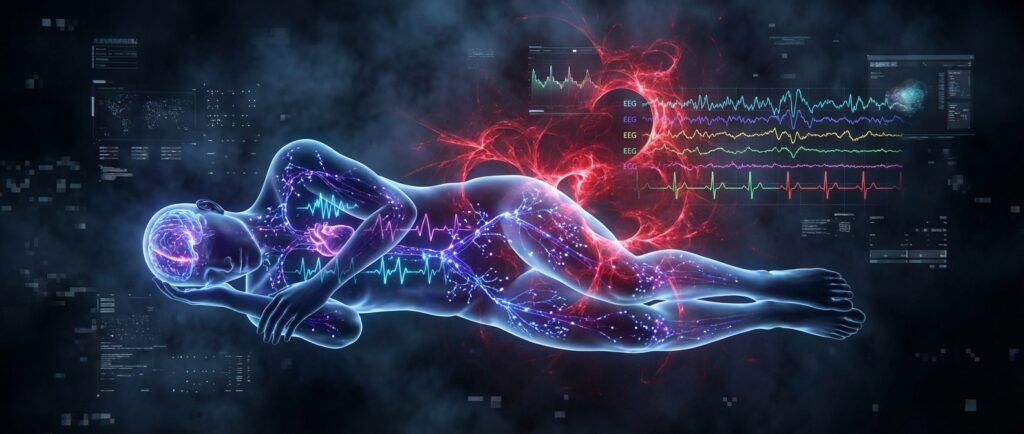 Translucent sleeping human figure with glowing neural networks, surrounded by digital EEG and ECG medical data waveforms.