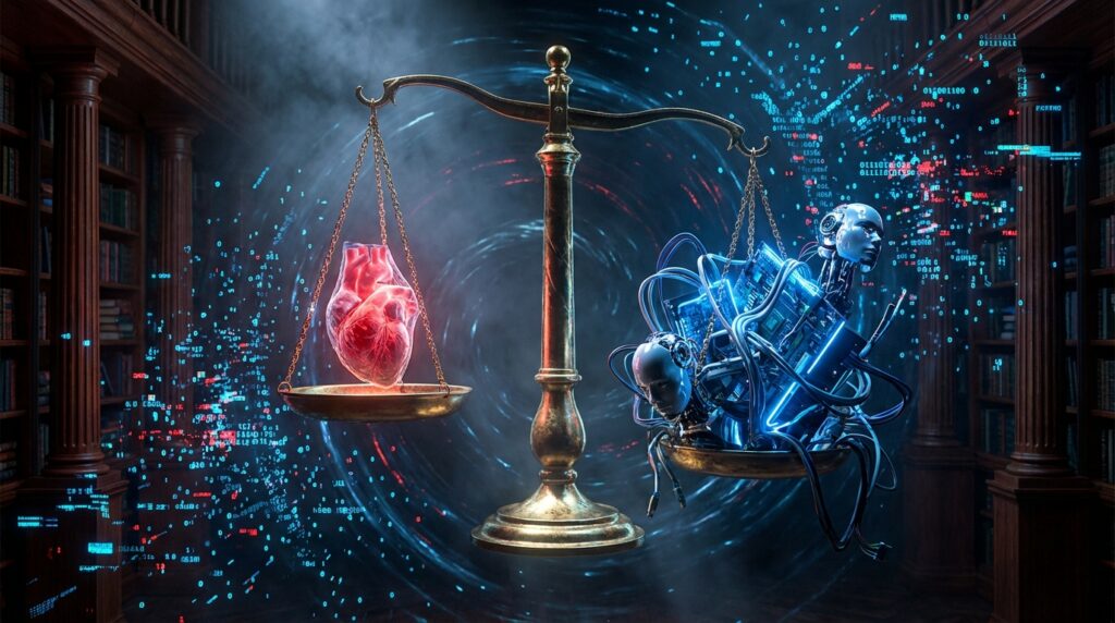 Gold scales of justice balancing a human heart on the left against tangled AI robot heads and circuit boards on the right.