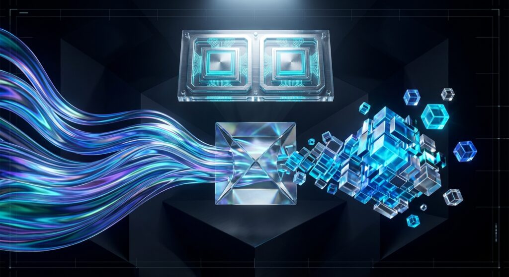 Fluid streams flow into a prism and exit as digital cubes, illustrating Apple Manzano's hybrid tokenizer architecture.