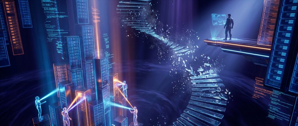 Human figure on a high-tech platform watching a fragmented digital staircase disintegrate amidst blue server towers.