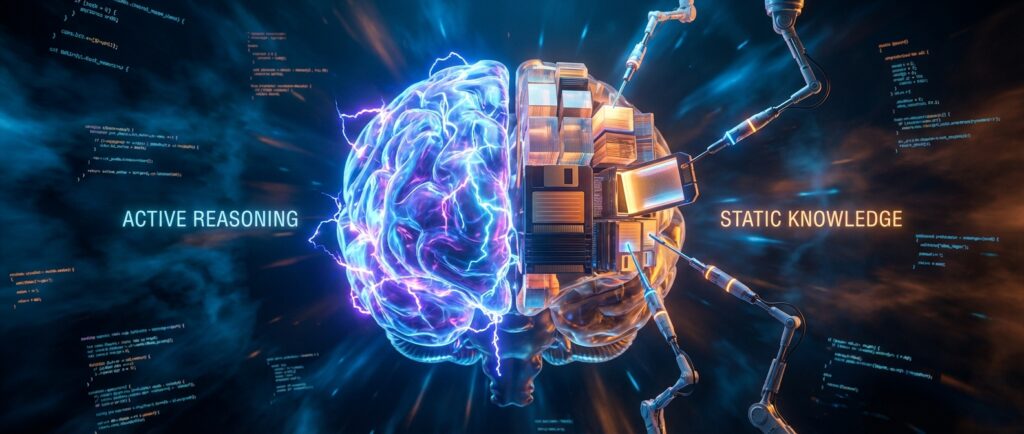 Split AI brain: left blue neural network labeled 'ACTIVE REASONING', right gold data blocks labeled 'STATIC KNOWLEDGE'.