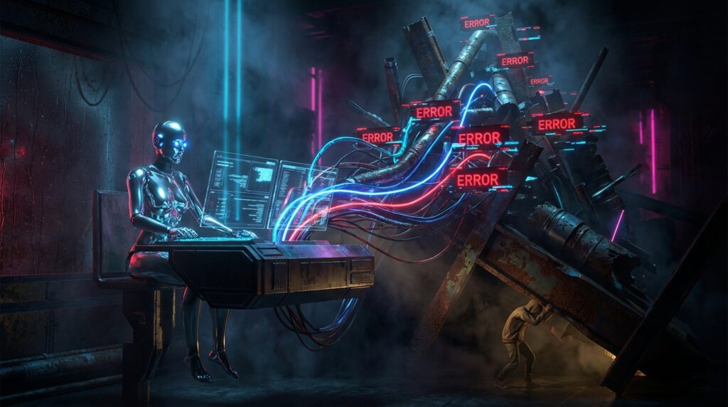 A metallic robot types on holographic screens while a hooded human struggles to hold up a collapsing structure labeled with red ERROR signs.
