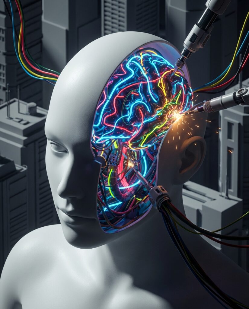 3D illustration of a humanoid head with an open skull revealing a glowing digital brain being worked on by robotic arms.