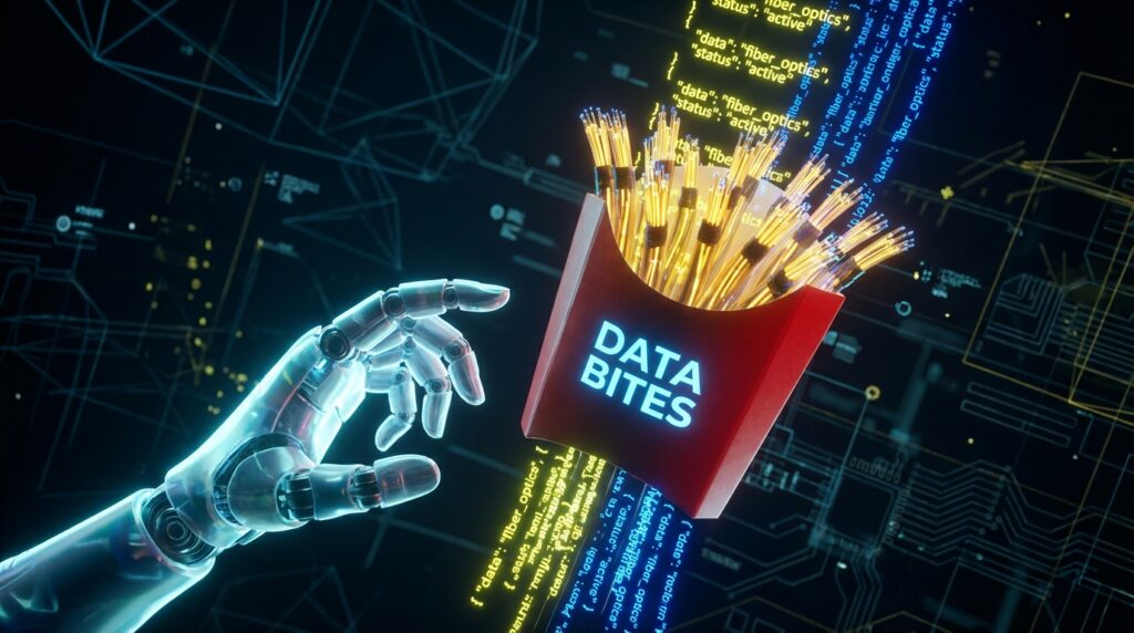 Robotic hand reaches for a red carton labeled DATA BITES filled with glowing fiber optic cables against a coding background.