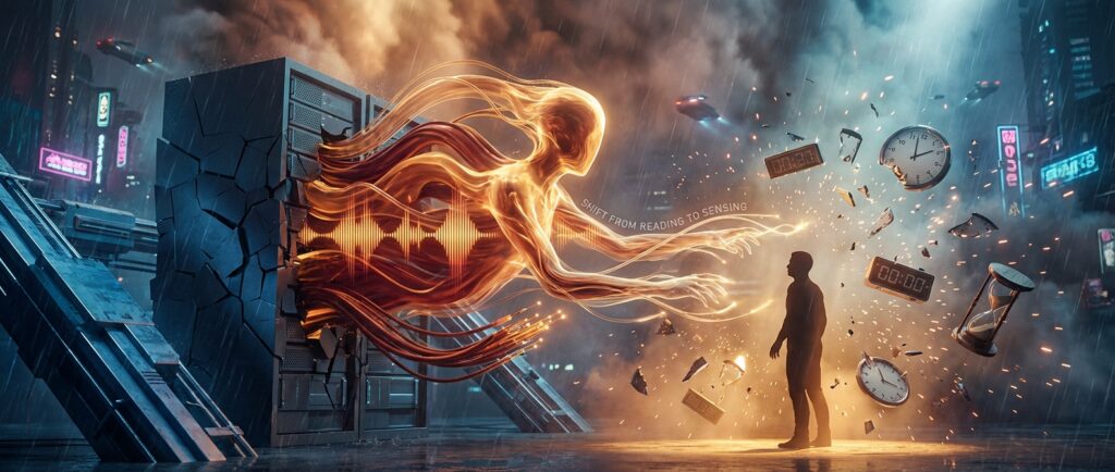 Glowing entity bursts from a server towards a man, amidst broken clocks. Text: SHIFT FROM READING TO SENSING.