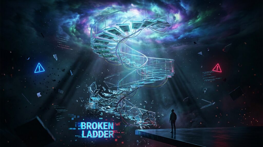 Digital circuit board staircase shattering at the base. A lone figure faces the glitching text 'BROKEN LADDER' under a storm.