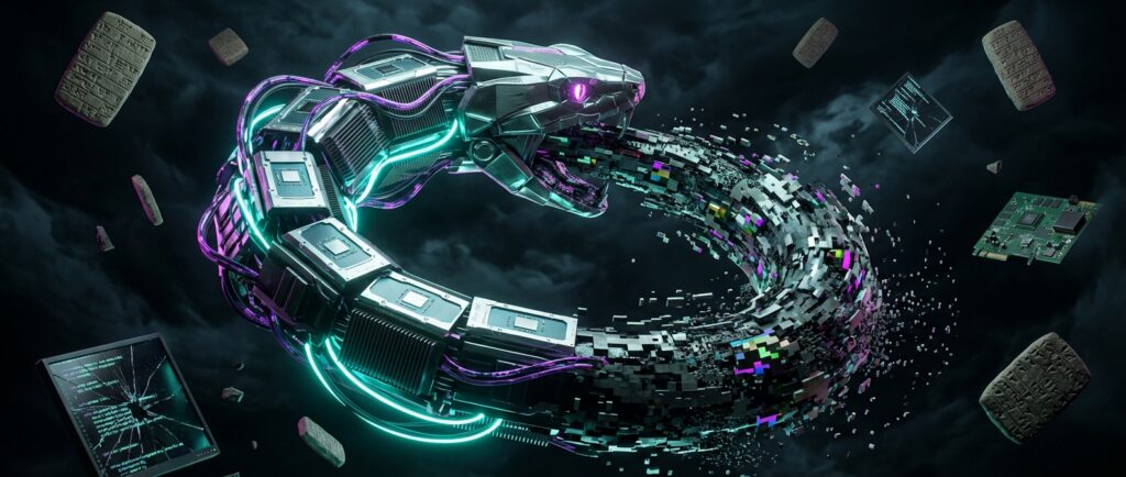 A mechanical snake made of computer chips eats its own pixelating tail, surrounded by ancient tablets and broken screens.