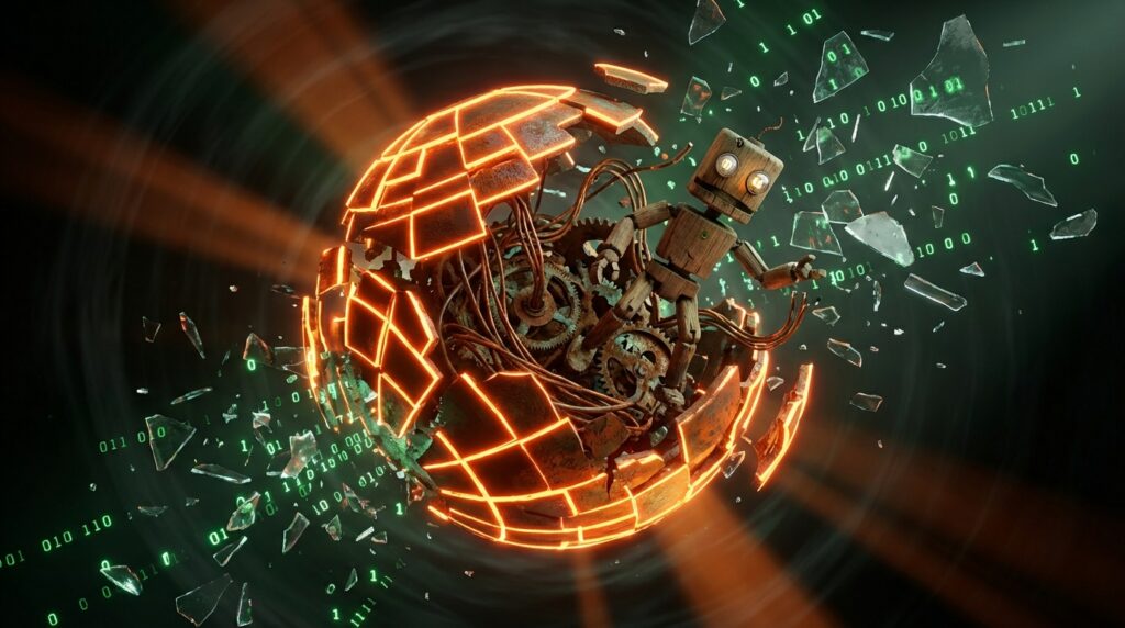 A primitive wooden robot emerging from a shattered, glowing orange sphere surrounded by flying glass shards with binary code.