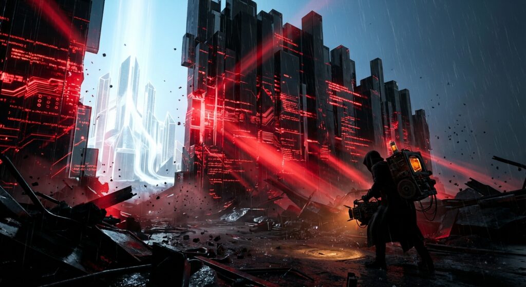 A hooded figure faces a towering black wall containing red digital error codes, blocking the path to a glowing white city.