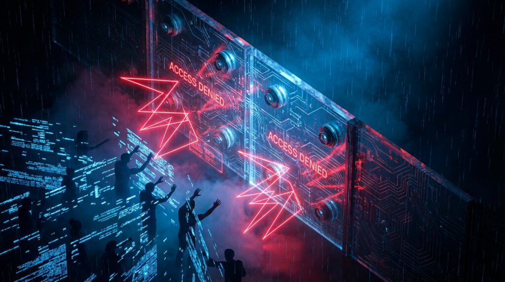 Silhouettes face a digital wall displaying red neon ACCESS DENIED warnings amidst blue digital rain and code streams.