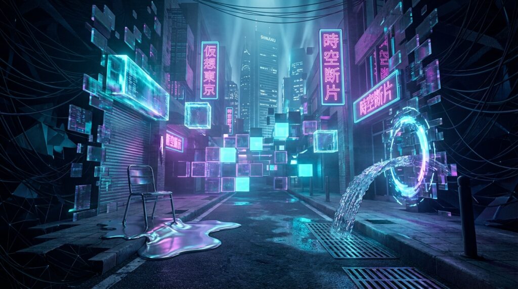 Surreal cyberpunk alley featuring a melting chair, floating data cubes, and neon signs, illustrating AI physics glitches.