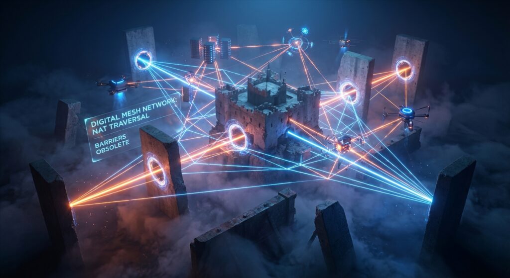 Drones and lasers form a mesh network over a fortress. Text: DIGITAL MESH NETWORK: NAT TRAVERSAL, BARRIERS OBSOLETE.