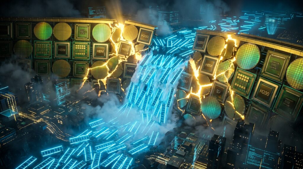 Dam made of H200 and HBM chips cracks open, releasing a waterfall of glowing blue memory sticks onto a digital city.