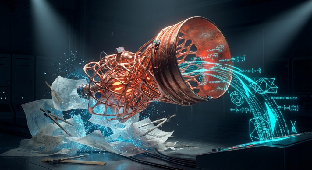 Copper lattice rocket nozzle emitting digital formulas, hovering above scattered traditional blueprints and calipers.