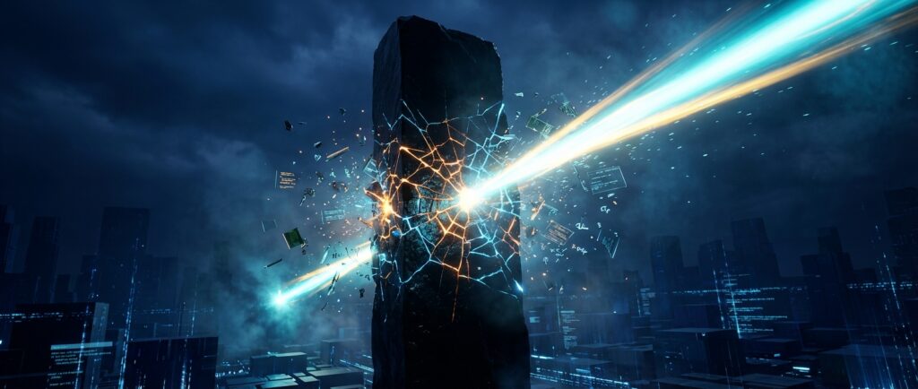 A bright energy beam pierces a dark stone monolith, causing glowing cracks and debris in a futuristic digital cityscape.