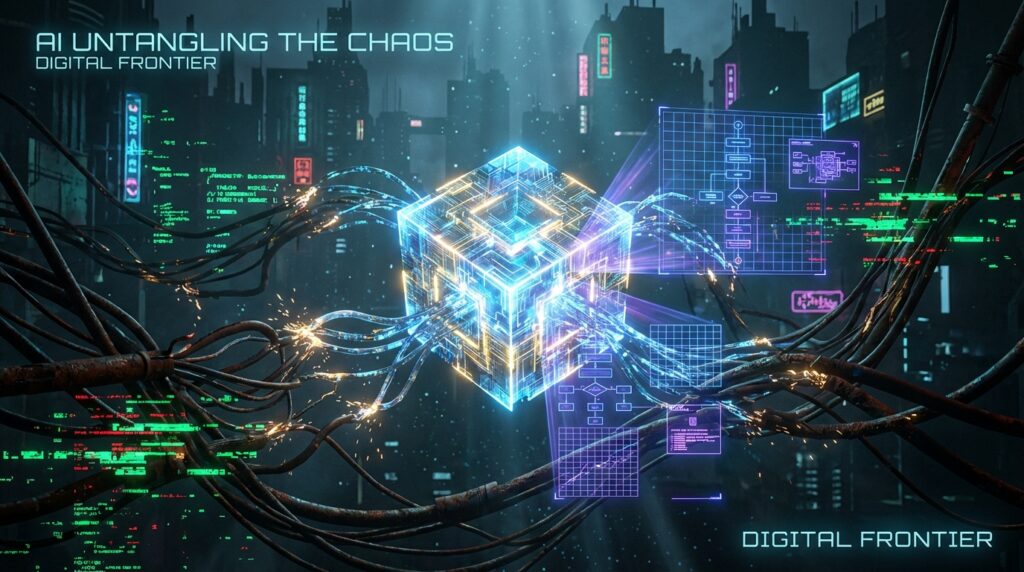 Futuristic glowing cube connected to cables and holographic flowcharts in a cyberpunk city. Text reads: AI UNTANGLING THE CHAOS.