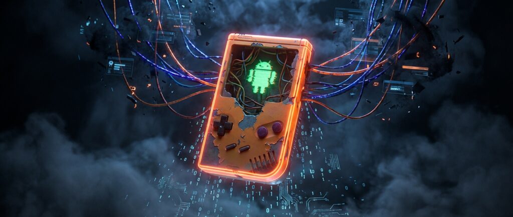 Digital art of a cracked orange handheld device similar to a Game Boy, revealing a glowing green Android robot and wires inside.
