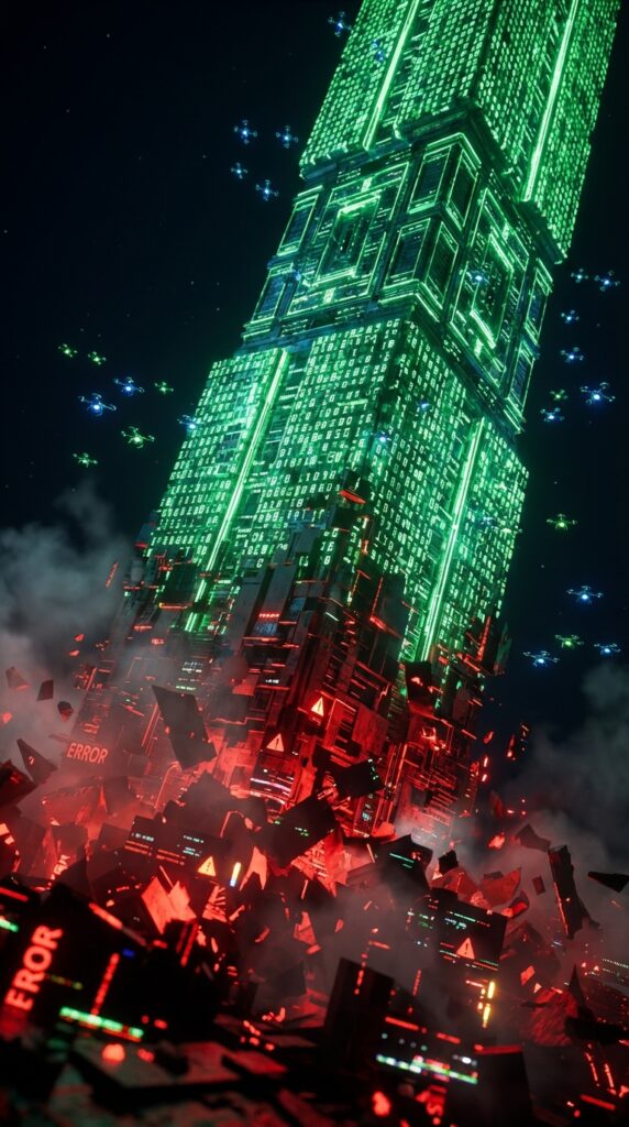 Glowing green digital skyscraper constructed of code blocks crumbling at its red base into debris labeled ERROR.