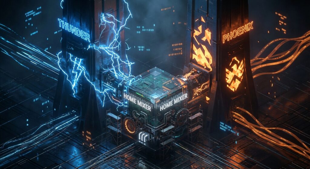 Sci-fi towers labeled THUNDER and PHOENIX feed data into a central cube labeled HOME MIXER, visualizing X's algorithm.