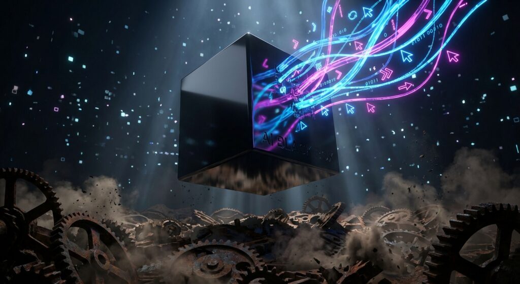 Glossy cube labeled "AI BLACK BOX" floats over rusty gears, absorbing neon data streams of cursors and binary code.