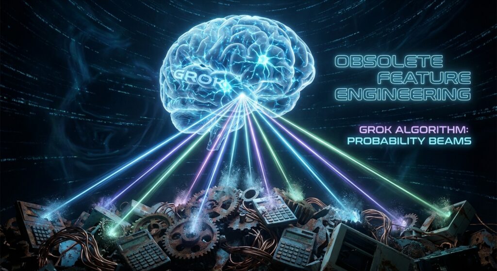 Digital brain labeled GROK beams light onto rusty gears. Text: OBSOLETE FEATURE ENGINEERING, GROK ALGORITHM PROBABILITY BEAMS.