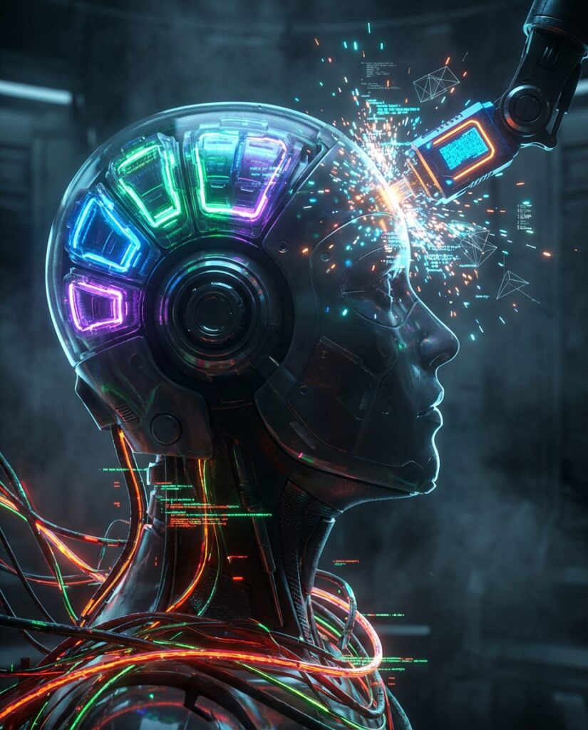 A mechanical arm inserts a glowing data module into a metallic robot's forehead, emitting neon sparks and digital code particles.