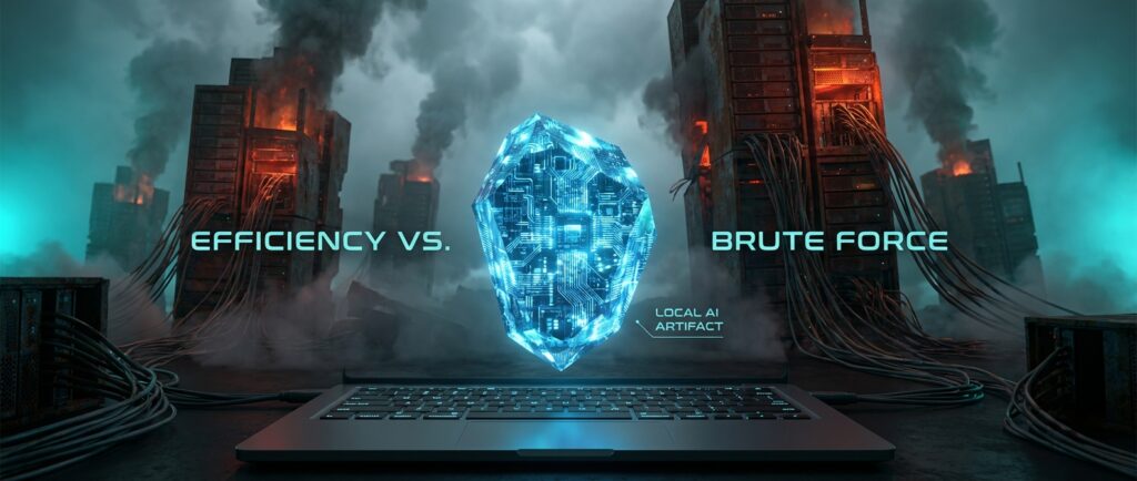 Crystal labeled LOCAL AI ARTIFACT floats over a laptop against burning servers and text EFFICIENCY VS. BRUTE FORCE.