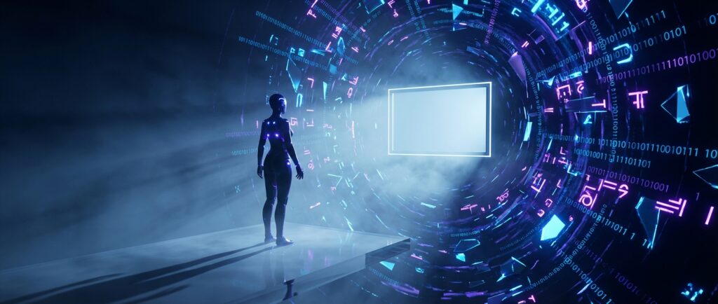 Humanoid robot silhouette facing a glowing cybernetic tunnel filled with floating binary code and a central blank screen.