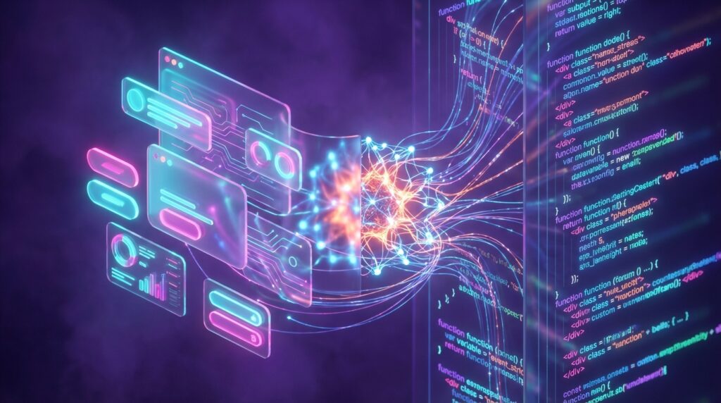Neon website UI panels transforming into cascading lines of code through a glowing central neural network.