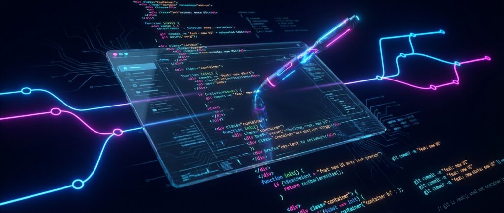 Glowing stylus editing HTML code on a holographic tablet, connected to neon Git branch lines representing design-code fusion.