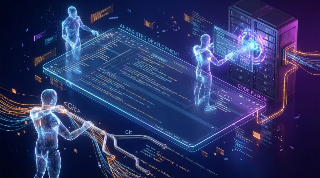 Digital avatars collaborating on code interface. Text: AI-ASSISTED DEVELOPMENT, CODE FUSION, and Git branching visualization.