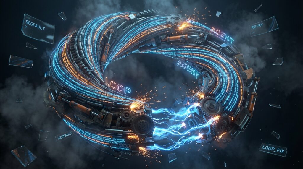 Futuristic mechanical ring with glowing code and gears. Floating text reads SEGFAULT, LOOP, AGENT, RETRY, LOOP_FIX.