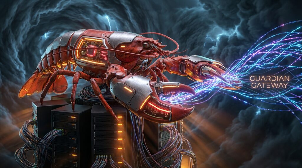 Cybernetic lobster with glowing chips atop server racks, emitting blue data cables. Text: GUARDIAN GATEWAY.