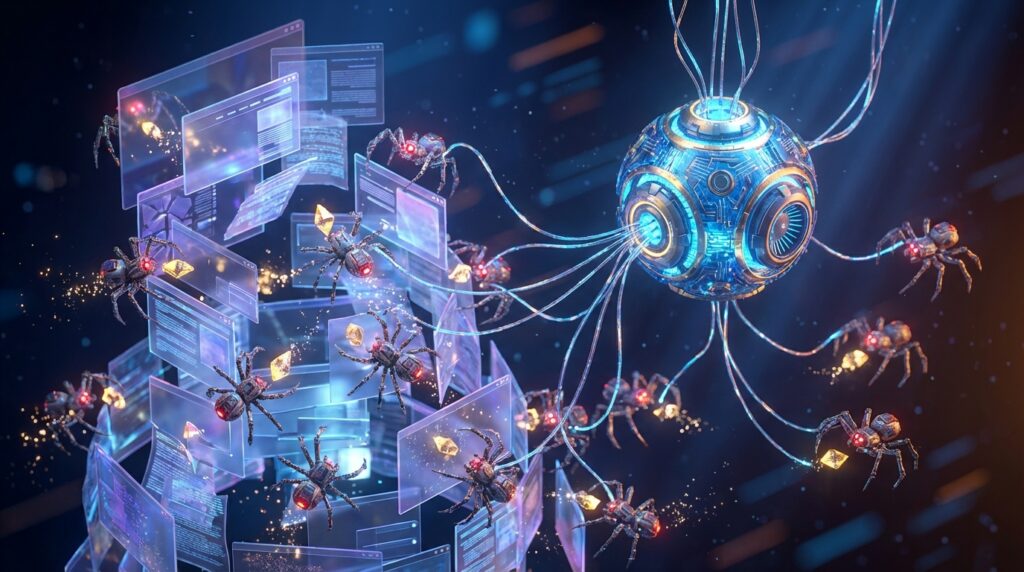 A central AI hub controls mechanical spiders crawling across holographic web pages to harvest data in a digital void.