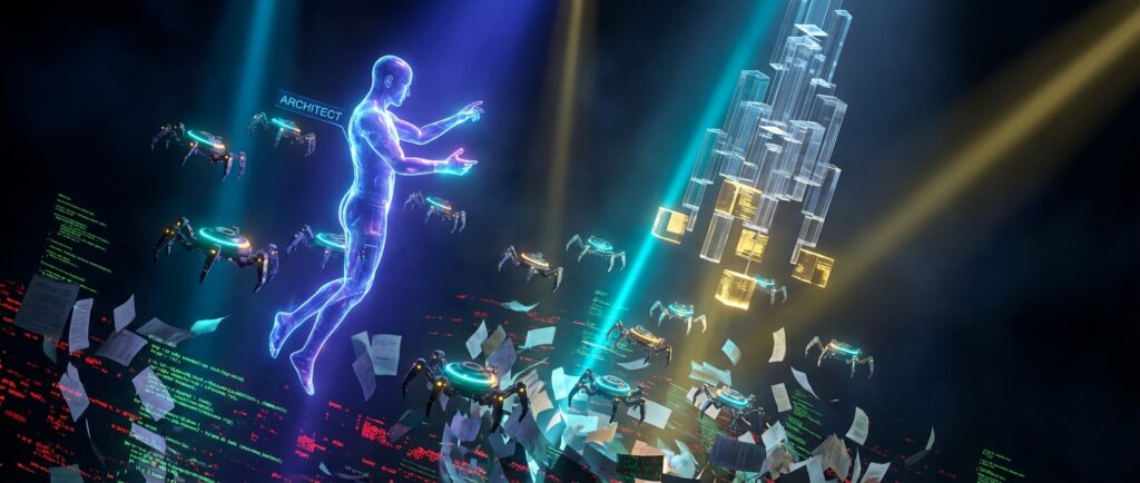 Holographic figure labeled ARCHITECT directing robot spiders and floating papers to build a data structure amidst digital code.