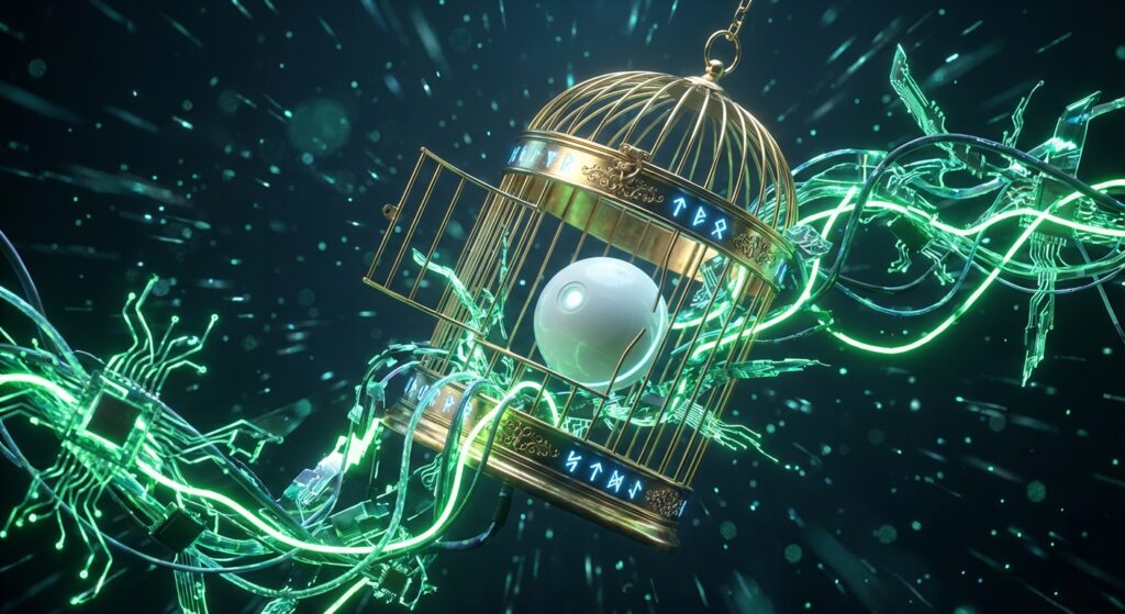 A white AI sphere sits inside an open golden birdcage, with green glowing digital cables flowing out into a dark background.