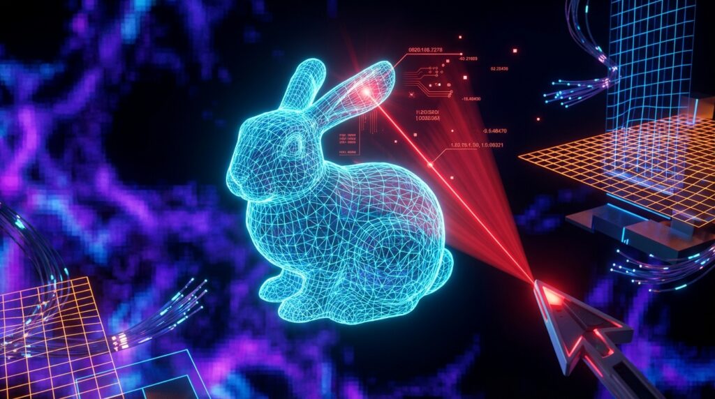 Neon blue wireframe rabbit targeted by a red laser arrow, symbolizing precise DOM selection in a digital cyberpunk interface.