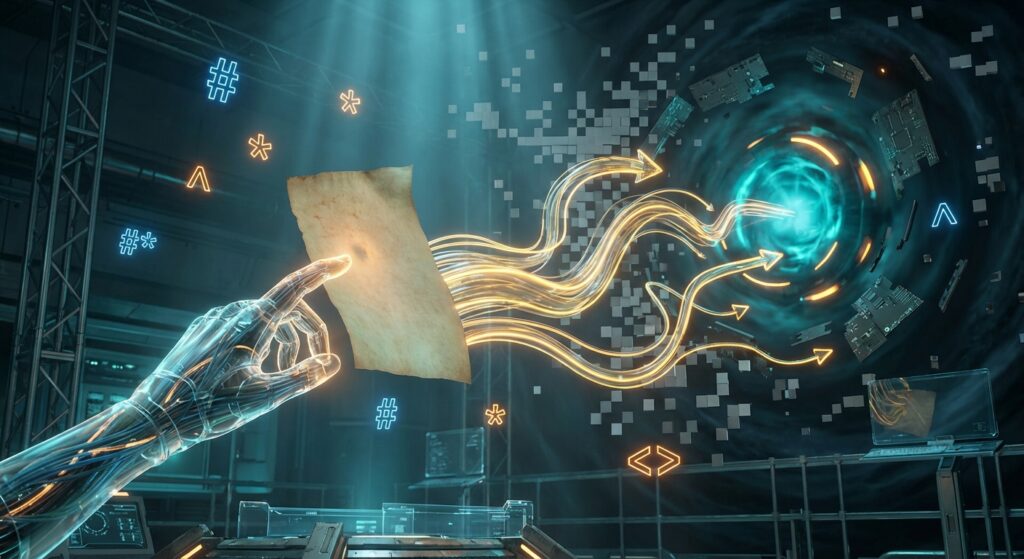 A cybernetic hand transforms parchment into glowing data streams entering a digital vortex with floating code symbols.