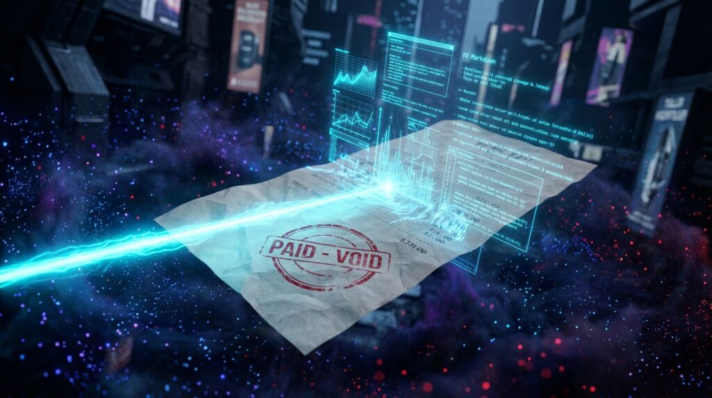 Blue laser scans a crumpled receipt with a red PAID - VOID stamp, generating holographic data charts and code.